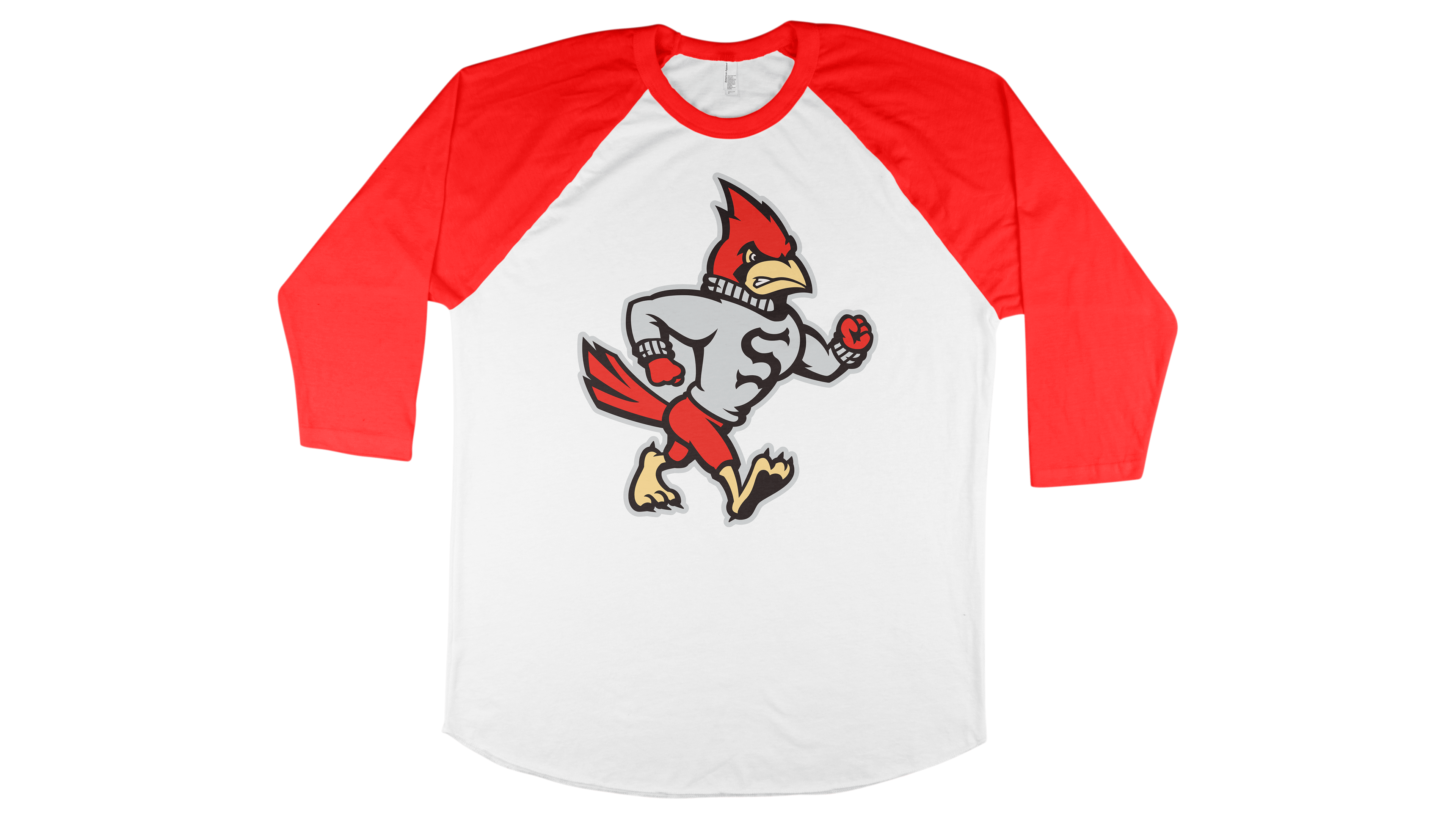 Photo of a baseball t-shirt with a cardinal mascot illustration