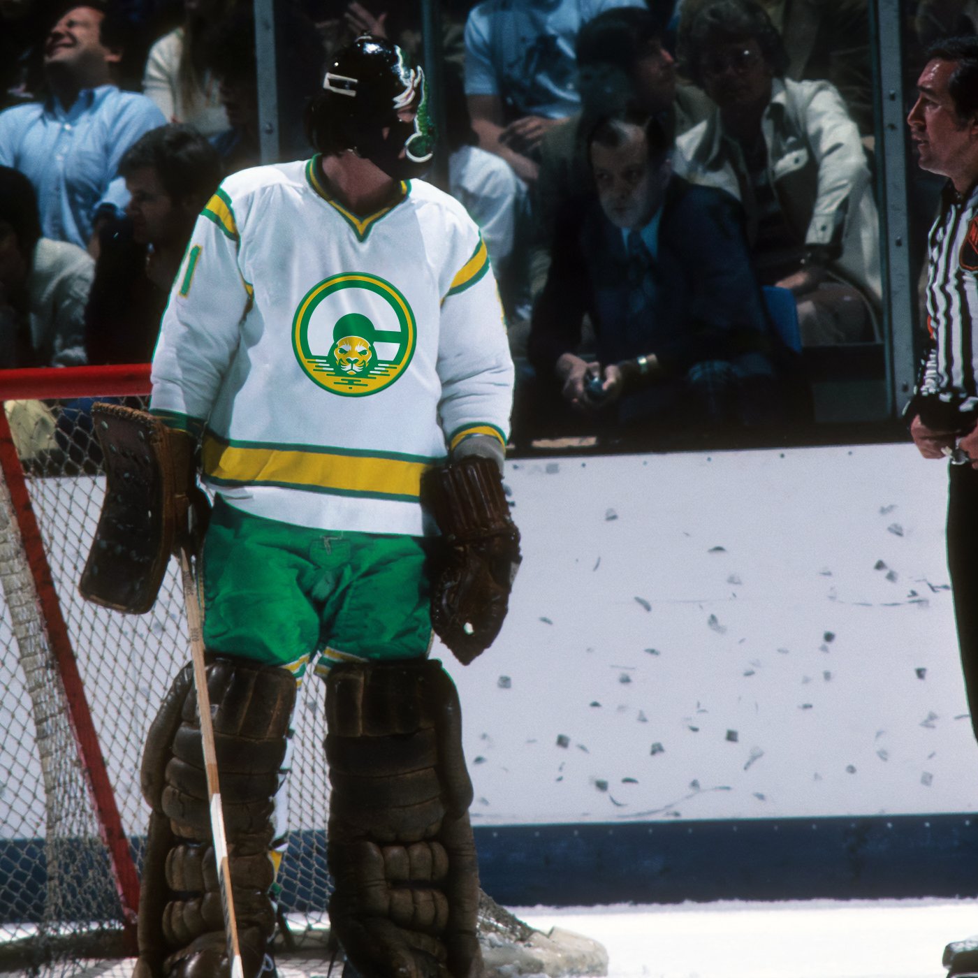 Photo of California Golden Seals Goalie With Updated Logo