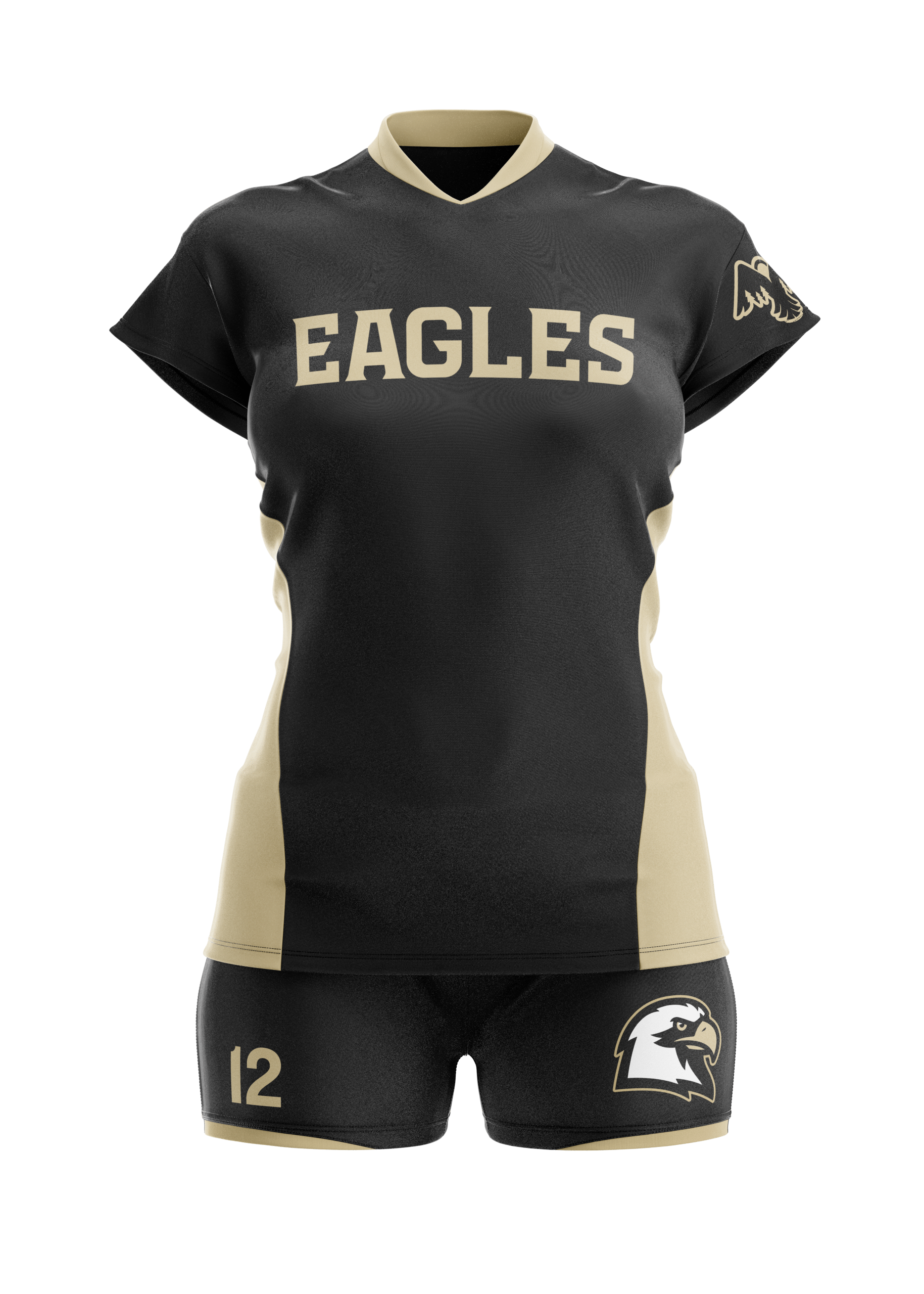 Photo of a black volleyball jersey with an eagle sports logo