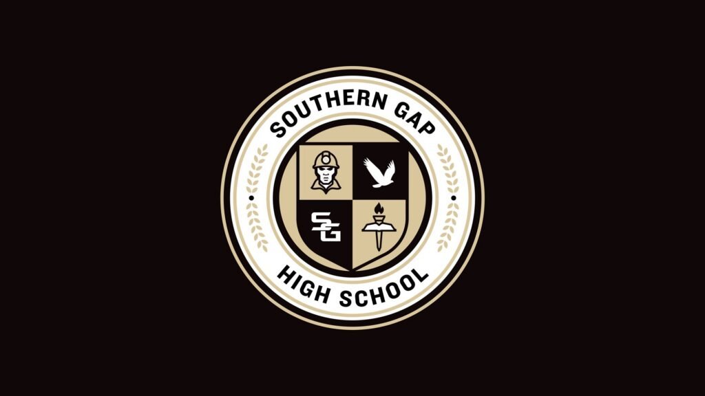 a logo on a black field that says "Southern Gap High School," part of a school district rebranding project by Dunson Design